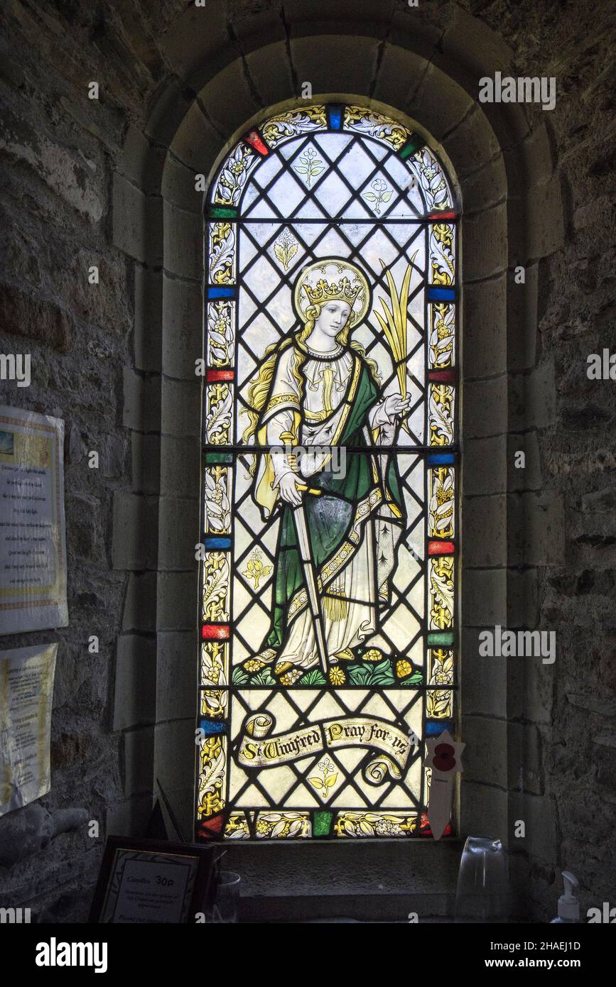 Vitraux de St Winifred, Chapelle de notre-Dame et de St non, Pembrokeshire.Pays de Galles, Royaume-Uni Banque D'Images