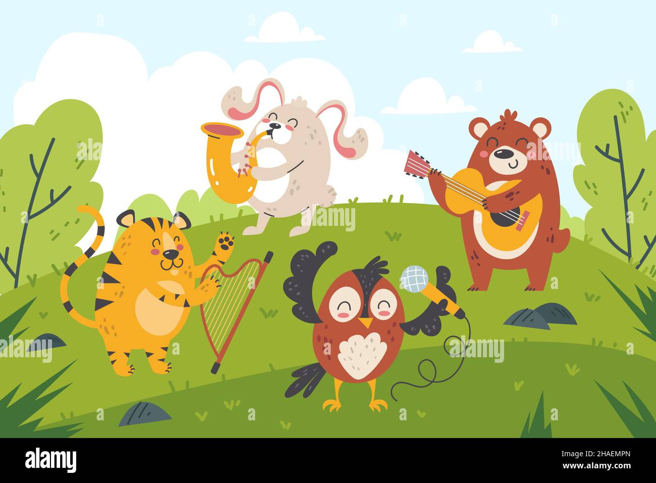 Musiciens d'animaux en forêt.Les personnages de dessin animé drôles jouent un orchestre dans le green clearing, le divertissement pour les enfants, le concert de la faune, les créatures des bois Illustration de Vecteur