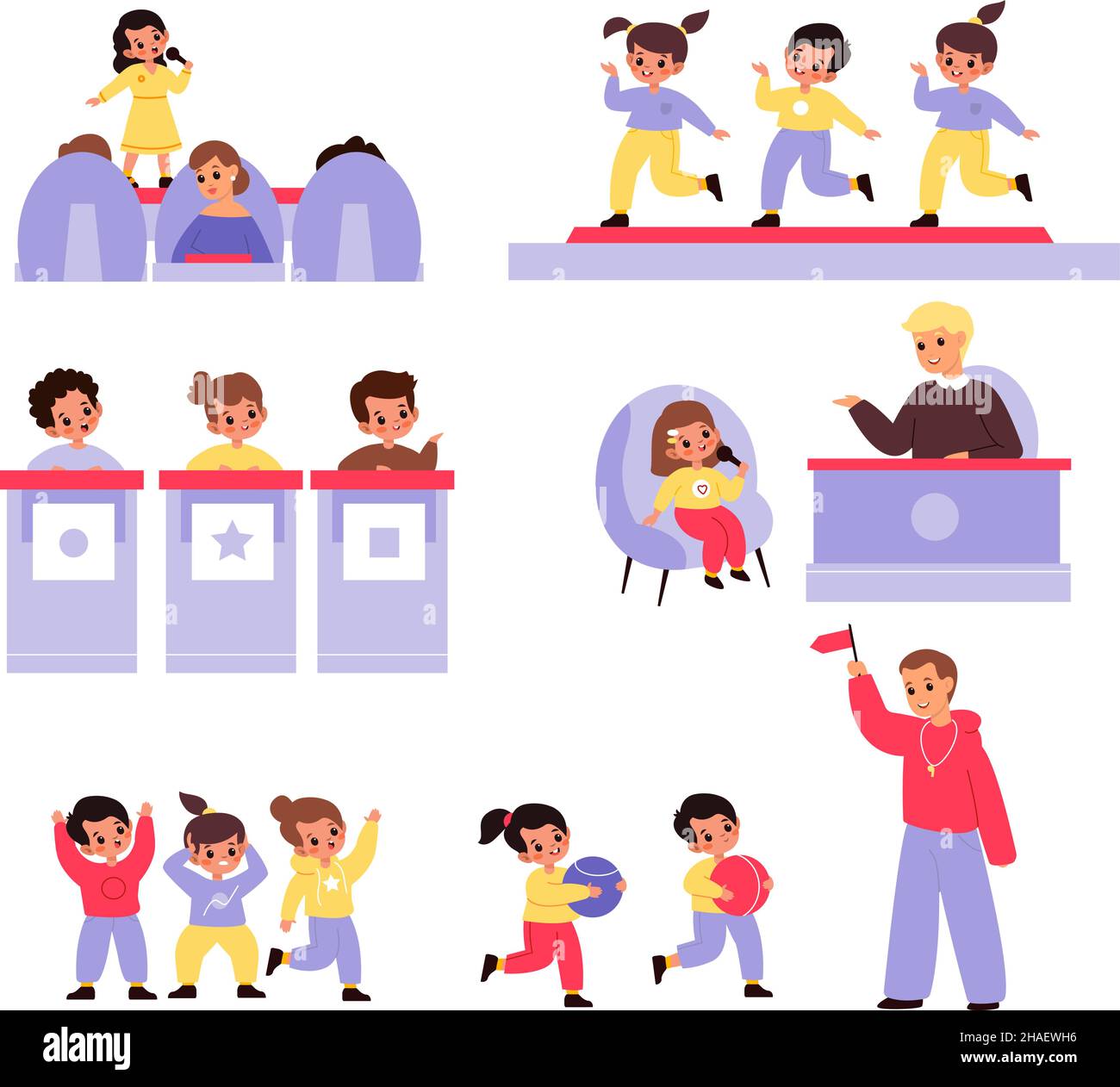 Émission de télévision pour enfants.Concours de divertissement pour enfants.Sports ou intellectuels, danse ou entretien avec un enfant, quiz de groupe, concours de talents, petites étoiles Illustration de Vecteur