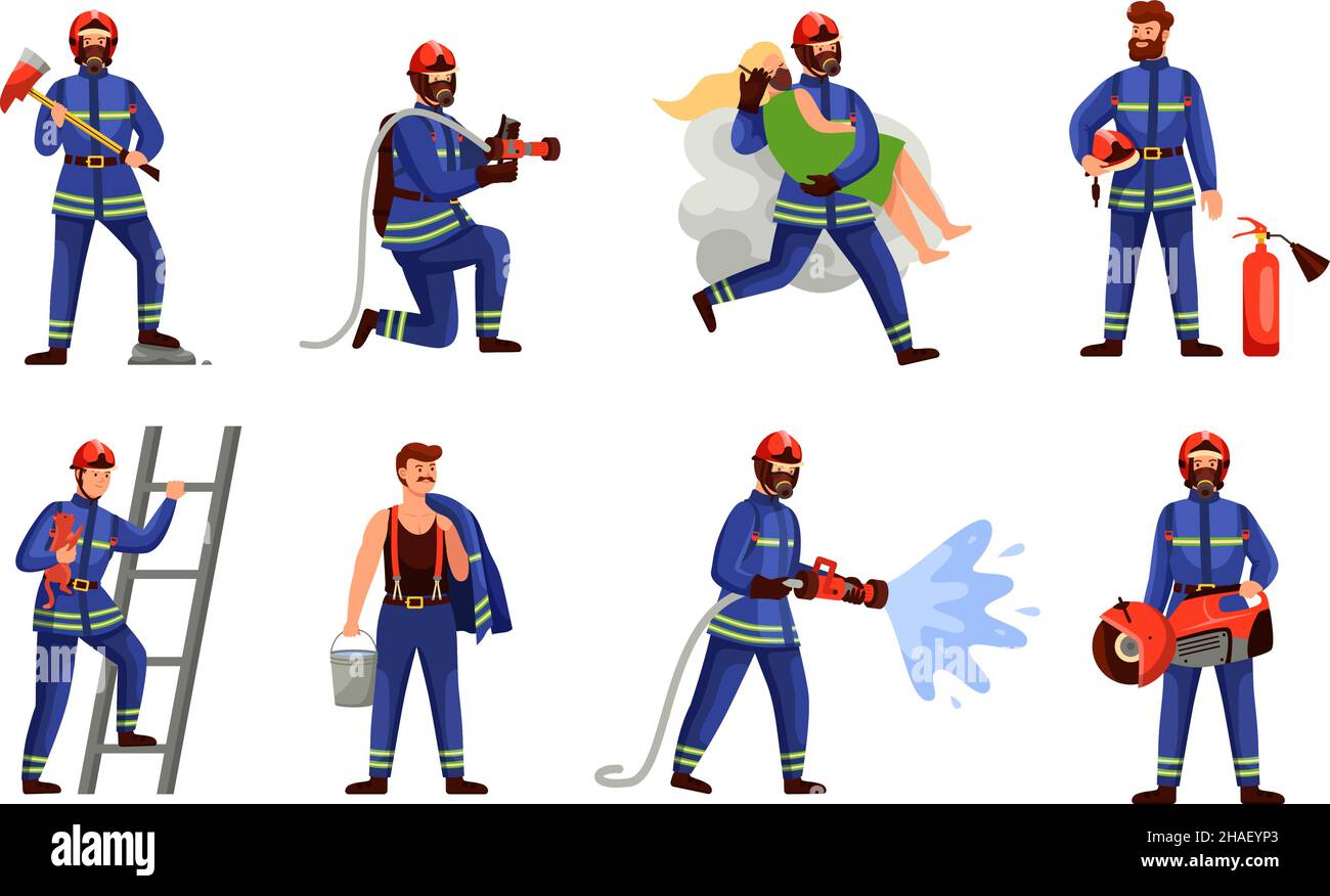 Situations de pompiers.Pompiers sauvant les gens et les animaux de compagnie, hommes avec tuyau, extincteur lutte contre l'incendie, métier d'urgence, travail dangereux dur,sauvetage Illustration de Vecteur