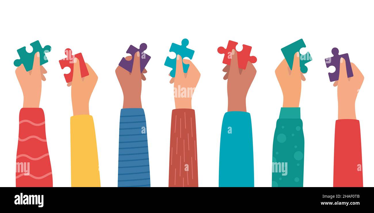 Groupe de personnes multiethniques aux bras levés tenant un morceau de scie sauteuse.Des collègues de races et de culture diverses.Coopérer et collaborer.Concept o Illustration de Vecteur