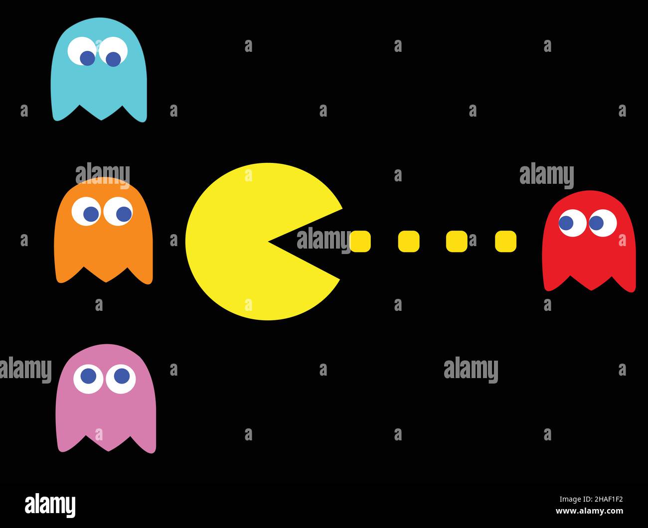 Illustration du vecteur de thème de jeu PAC-Man.Jeu d'ordinateur rétro avec des personnages de Pac-Man, Pinky, Blinky, Inky et Clyde Illustration de Vecteur