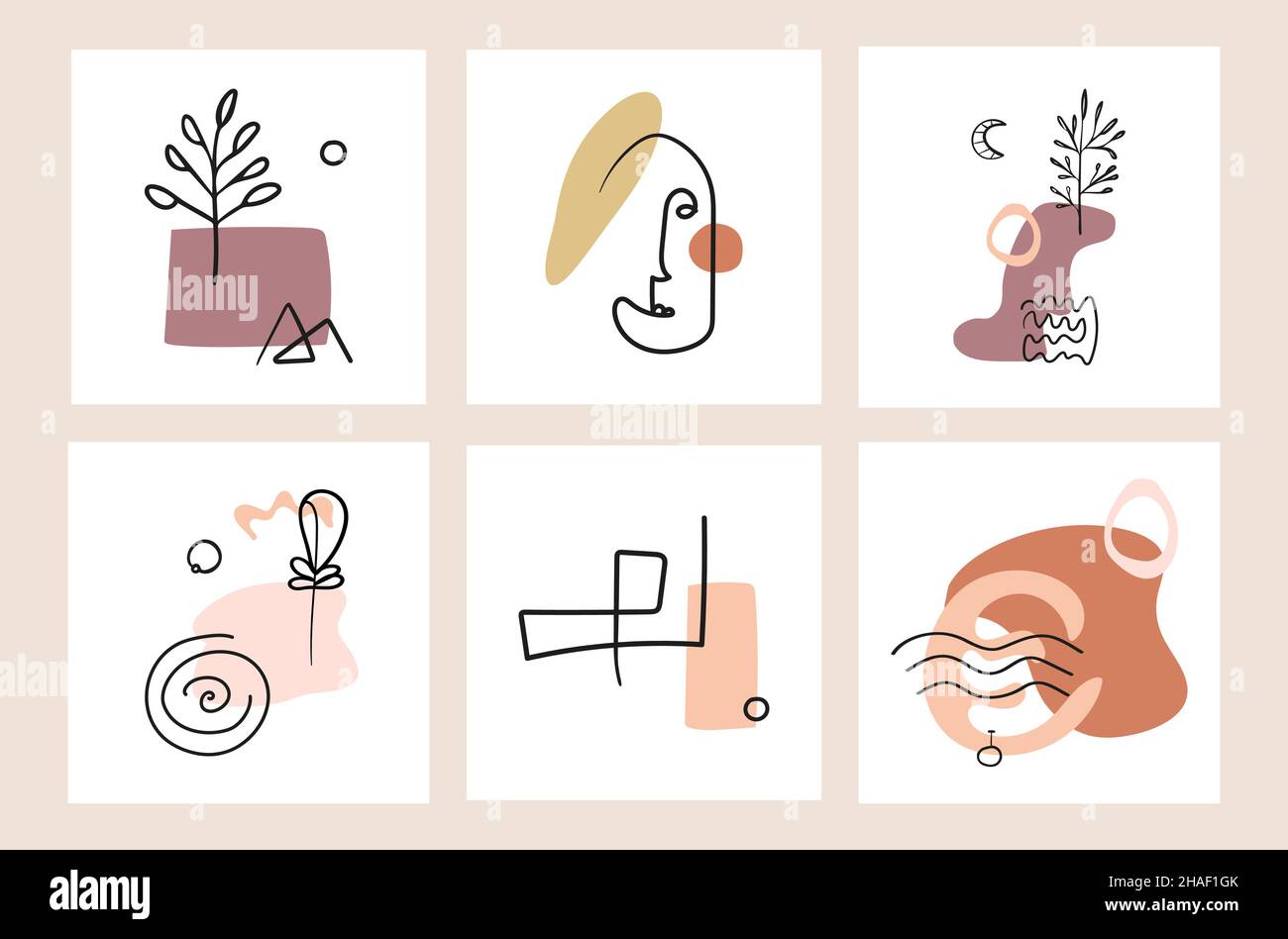 Ensemble de formes dessinées à la main et objets d'art au trait, portrait moderne, montagne, lac, ligne,arbre, feuille, lune, soleil. Illustration de Vecteur