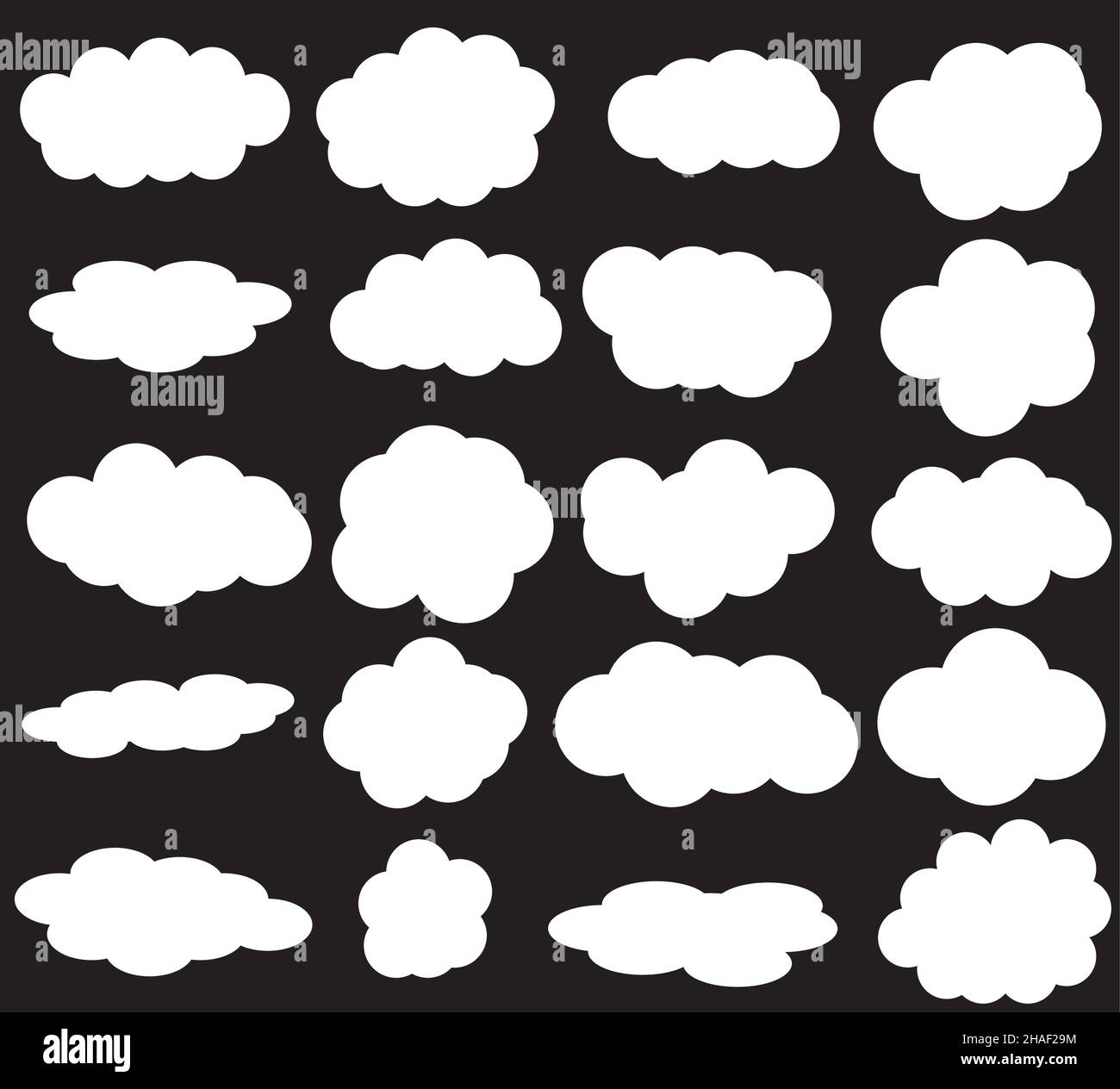 Nuages icônes vectorielles isolées sur fond noir, nuages vectoriels ensemble Illustration de Vecteur