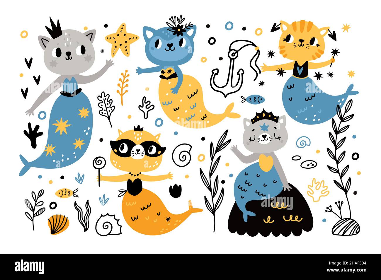 Chats de mermaid.Adorables petits personnages marins avec des têtes de chats et des queues de poisson, des animaux de mer, des créatures magiques fabuleuses, des fée sous-marines, des caniche Illustration de Vecteur