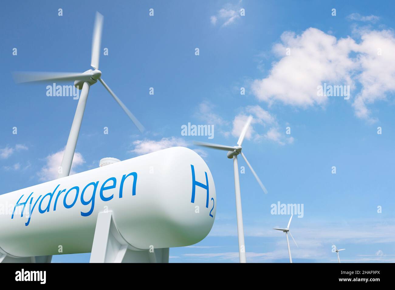 Réservoir d'hydrogène et moulins à vent sur fond bleu ciel.Concept d'énergie durable et écologique.illustration 3d. Banque D'Images