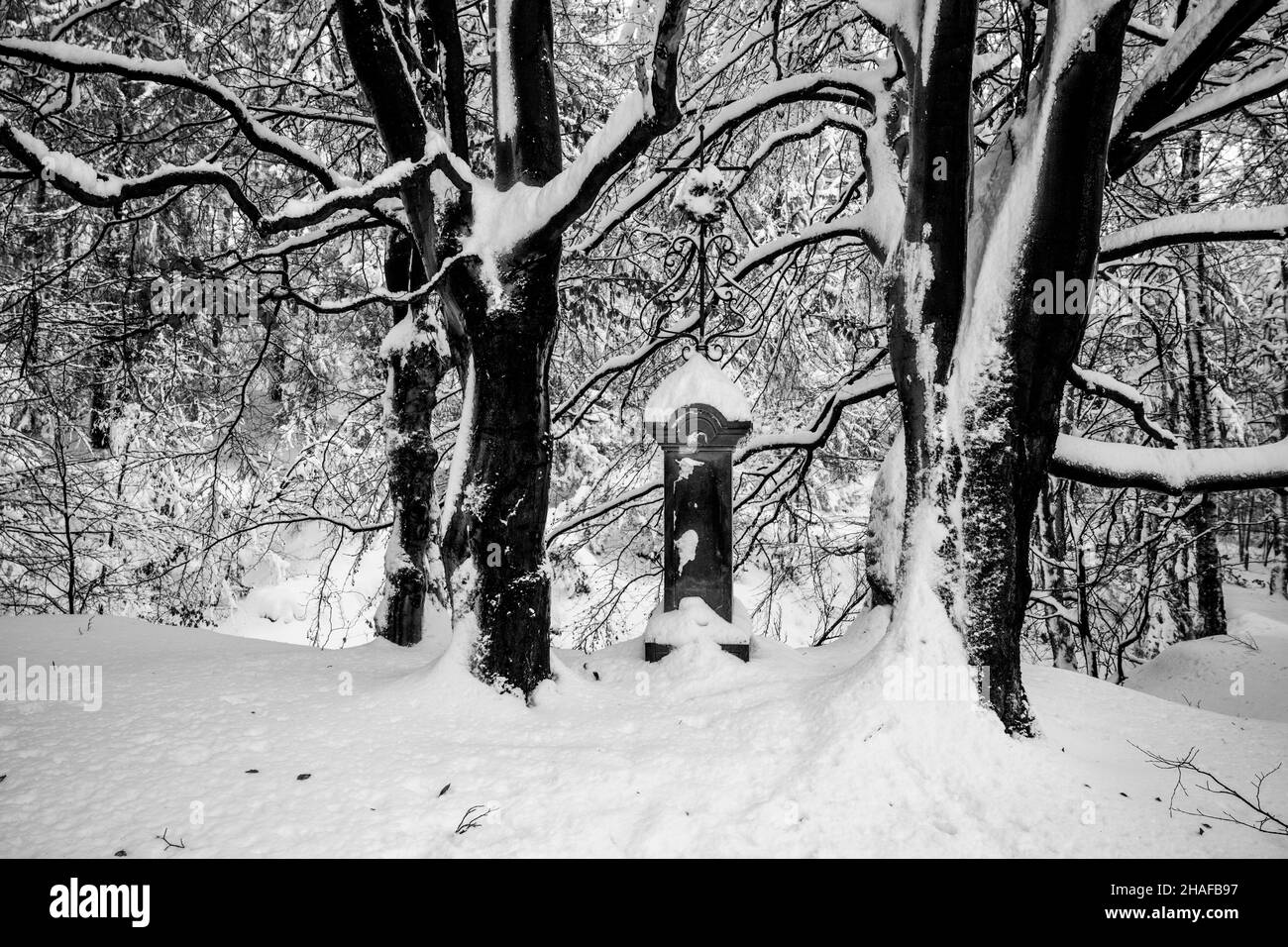 Ancien mémorial chrétien en forêt d'hiver Banque D'Images
