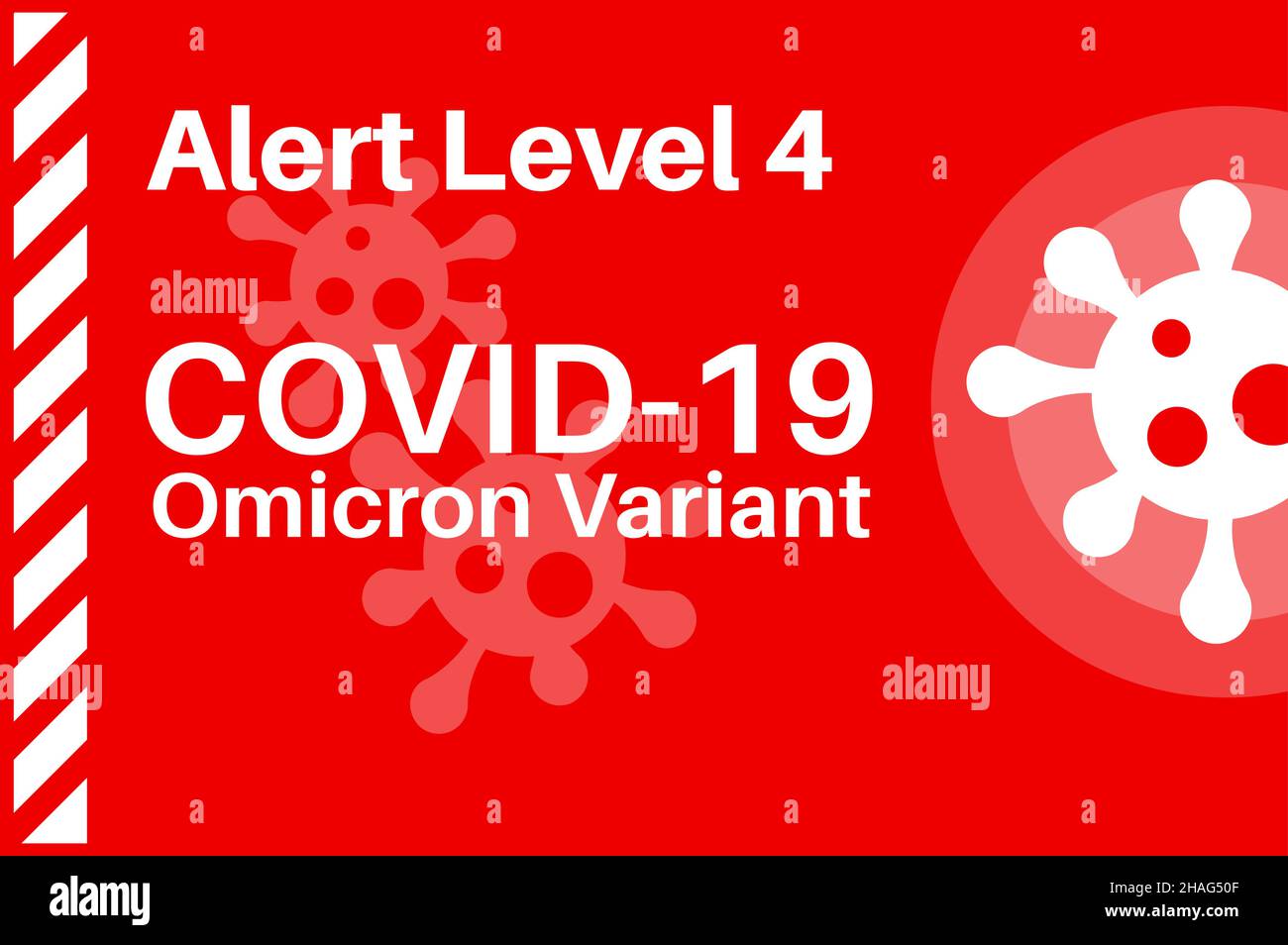 Niveau d'alerte 4 Covid-19 Omicron variante préoccupante - Illustration avec logo de virus sur fond rouge. Illustration de Vecteur