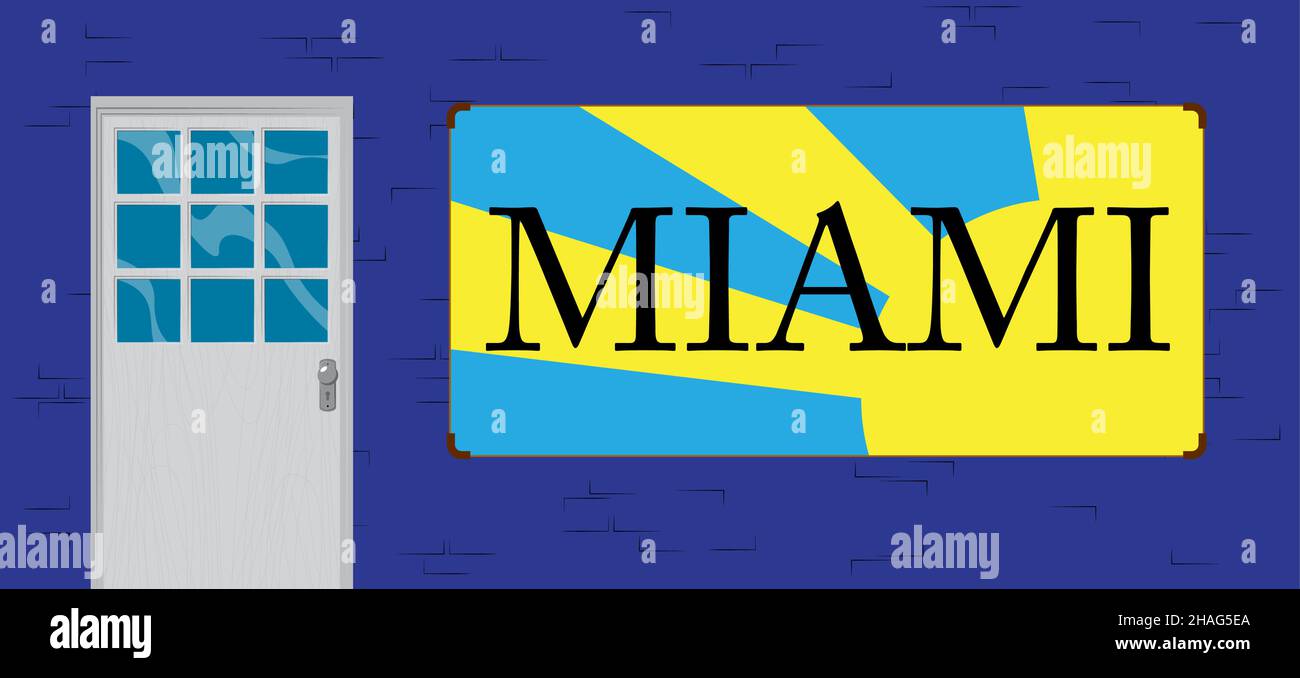 Texte Miami avec arrière-plan de la porte avant.Bar, café ou établissement de boissons devant avec affiche. Illustration de Vecteur