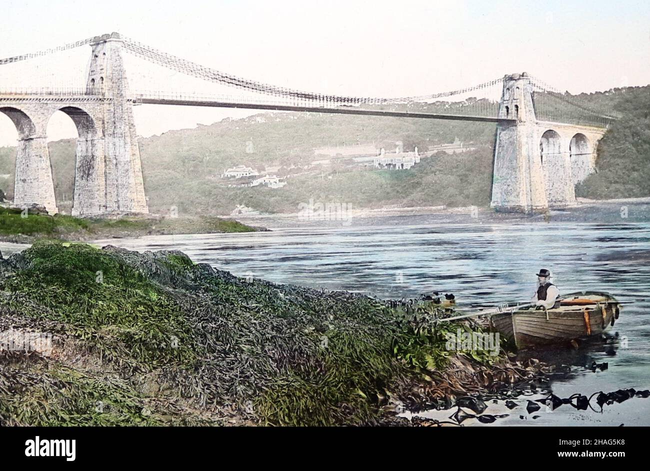 Pont suspendu de Menai, pays de Galles, époque victorienne Banque D'Images