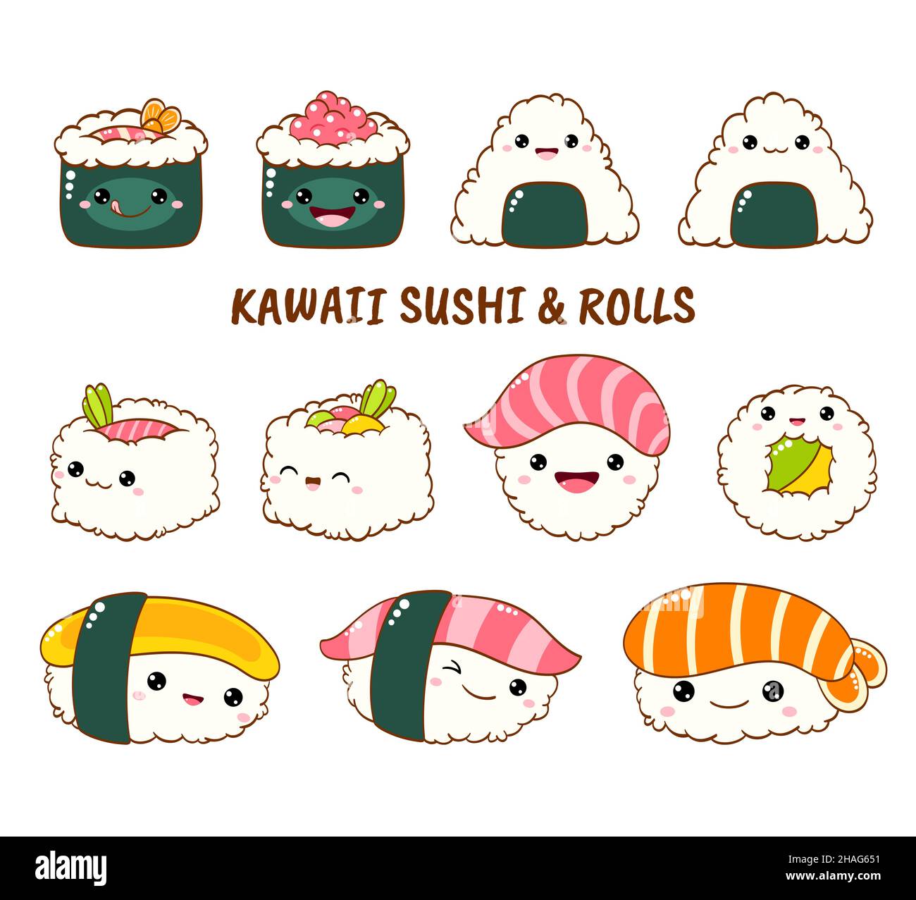 Ensemble de rouleaux de sushi et mignon des icônes dans le style kawaii avec sourire et joues roses. La cuisine traditionnelle japonaise. Temaki, baguettes, nigiri, Illustration de Vecteur