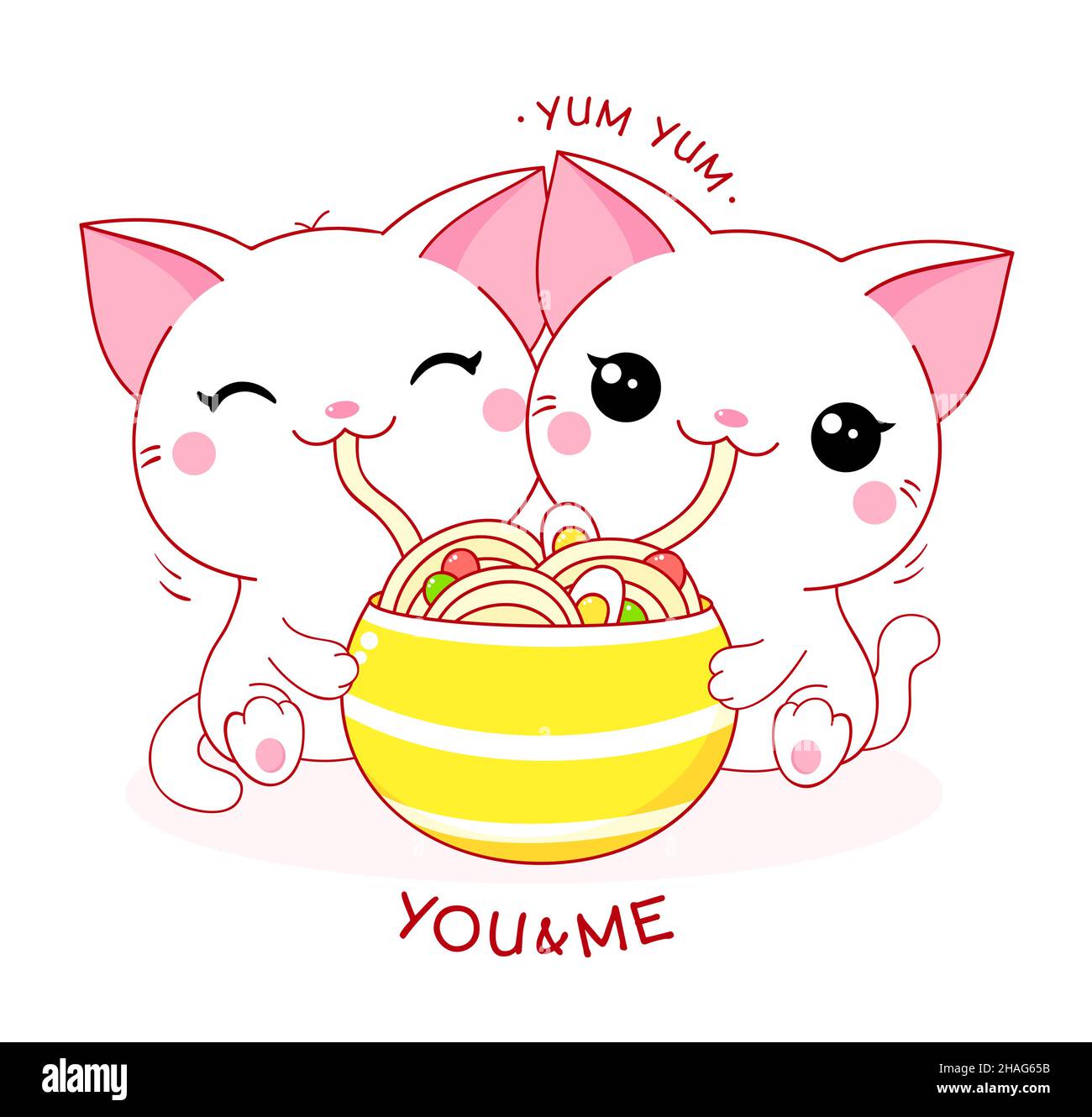 Deux chats blancs mignons mangent des nouilles ramen.Inscription vous et moi.Kawaii petit kitty sont heureux de manger des nouilles.Vecteur EPS8 Illustration de Vecteur