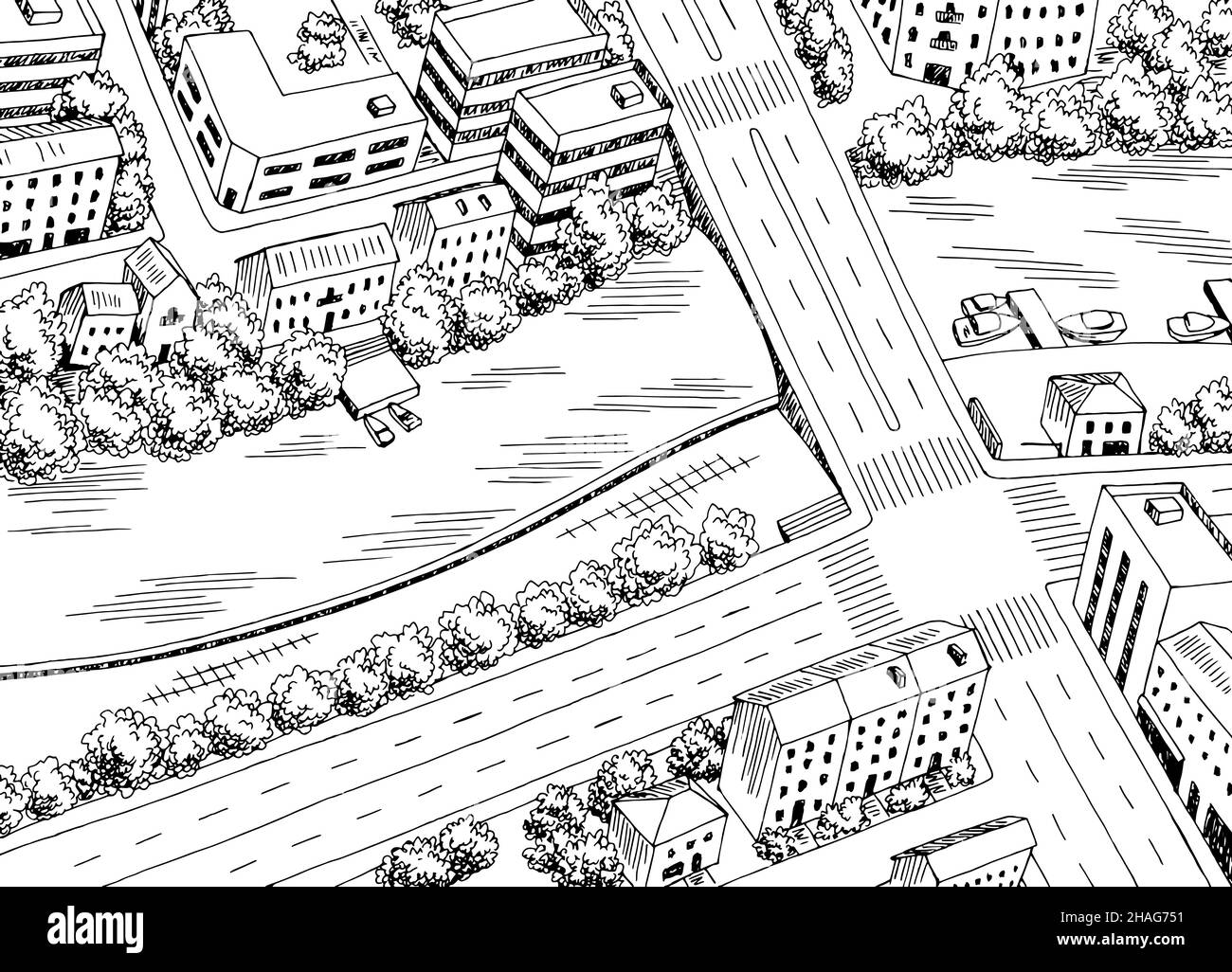 Vue de dessus de la ville du dessus du graphique de rue transversale aérienne noir vecteur d'illustration d'esquisse blanc Illustration de Vecteur