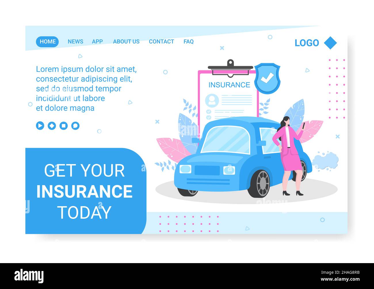 Modèle de page d'arrivée d'assurance automobile conception plate Illustration modifiable de fond carré adapté aux médias sociaux, cartes de vœux et Internet Web Illustration de Vecteur