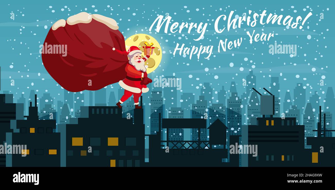 Le Père Noël avec un grand sac de cadeaux cadeaux de livraison sur le toit.Nuit ville d'hiver, paysage urbain européen, noel.Affiche d'illustration vectorielle, message d'accueil Illustration de Vecteur