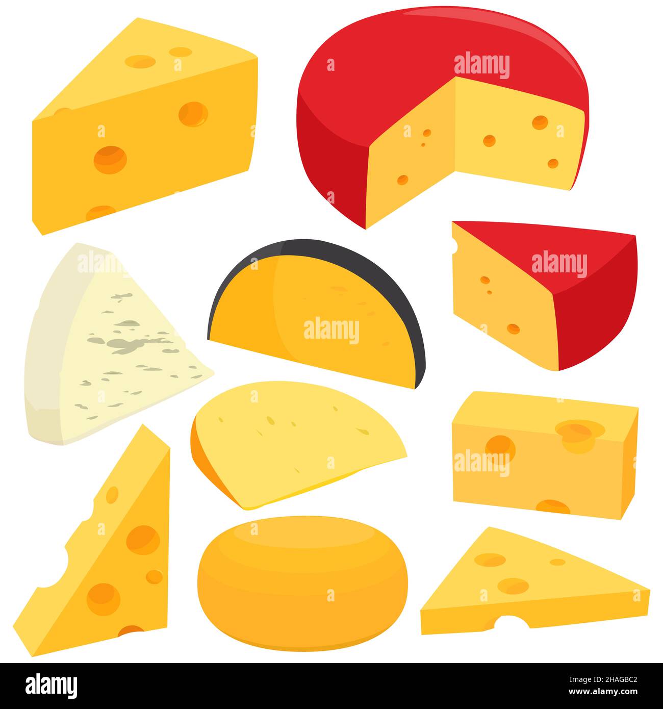 Ensemble de produits laitiers, fromage tranché en morceaux. Différents types de fromage, emmental, gouda, cheddar, parmesan, brie ou fromage suisse. Banque D'Images