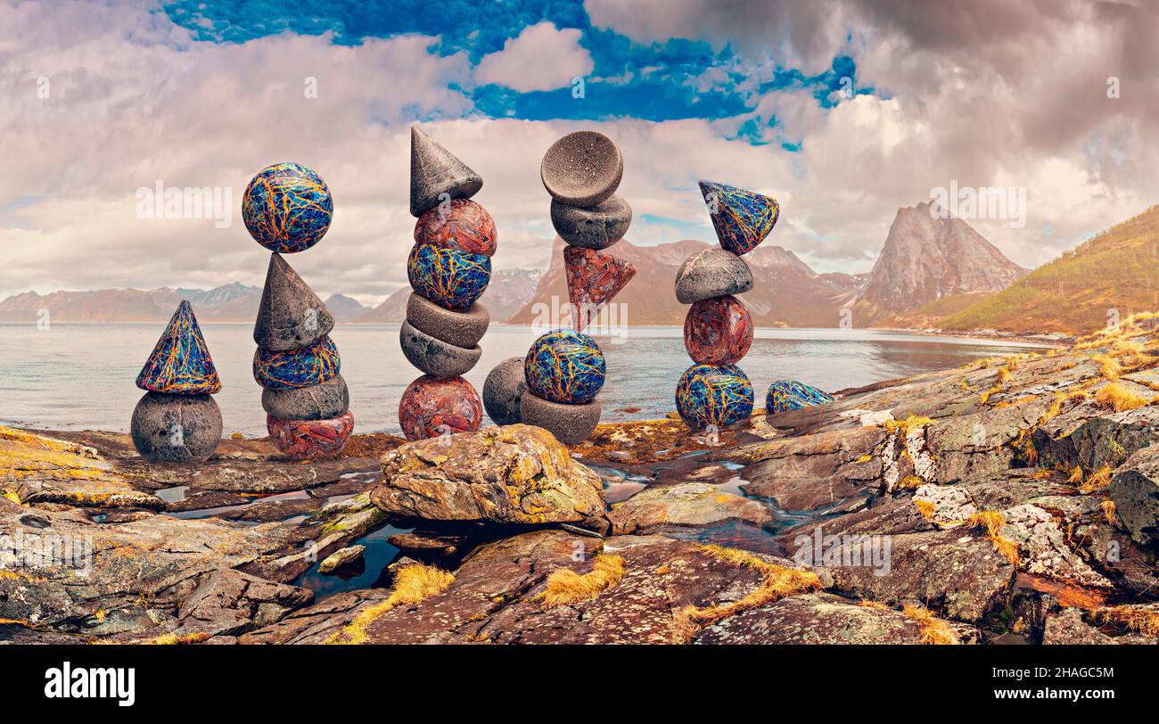 Illustration de la vue mystique du paysage avec installation surréaliste de figures géométriques en pierre en face du pays montagneux du nord Banque D'Images