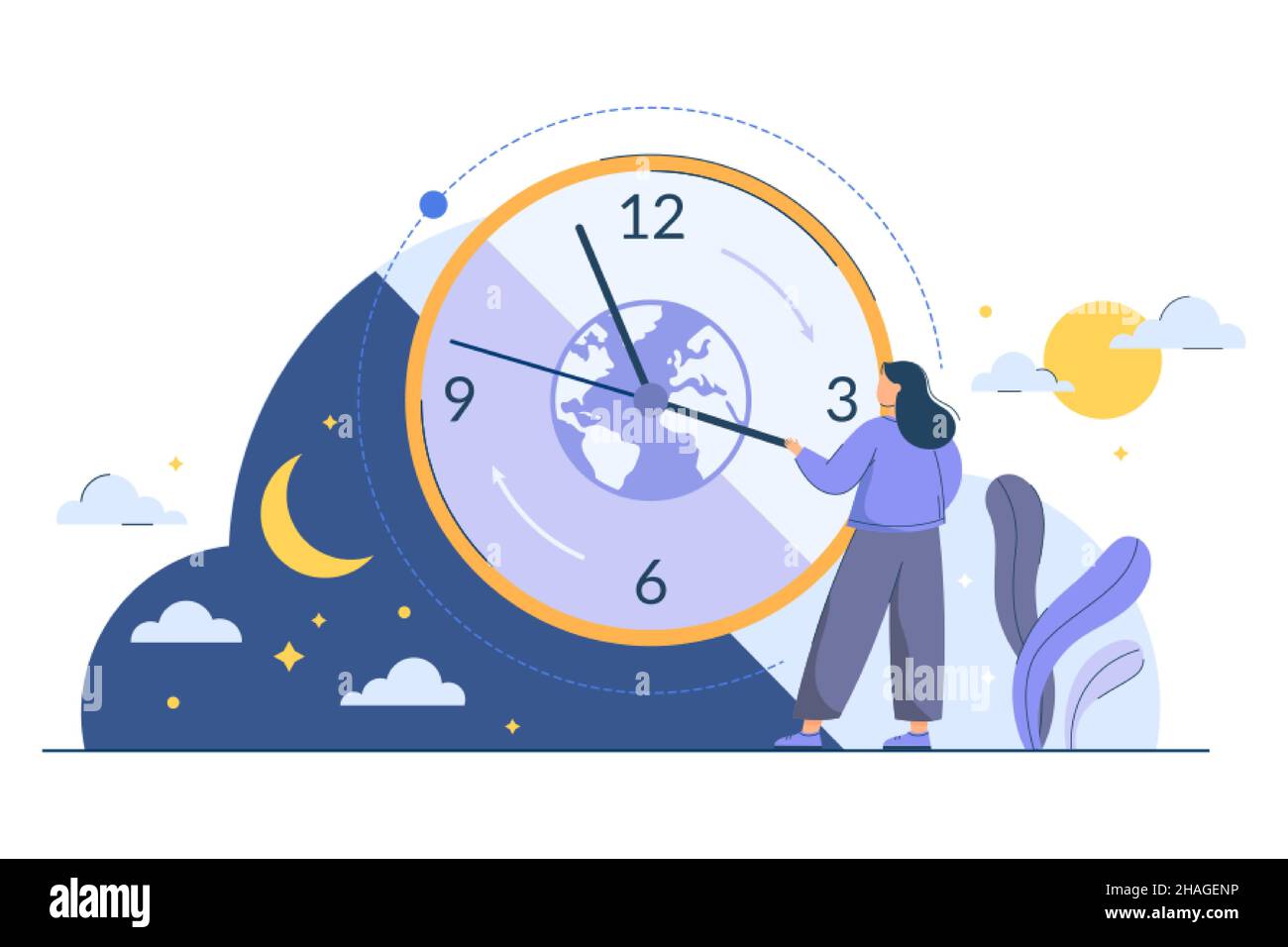 Concept de rythme circadien avec femme minuscule.Horloge biologique humaine pour réguler le réveil du sommeil et le cycle de nuit.Routine, changements du matin au soir, mouvement de la planète autour du soleil.Rythmes quotidiens naturels du corps Illustration de Vecteur