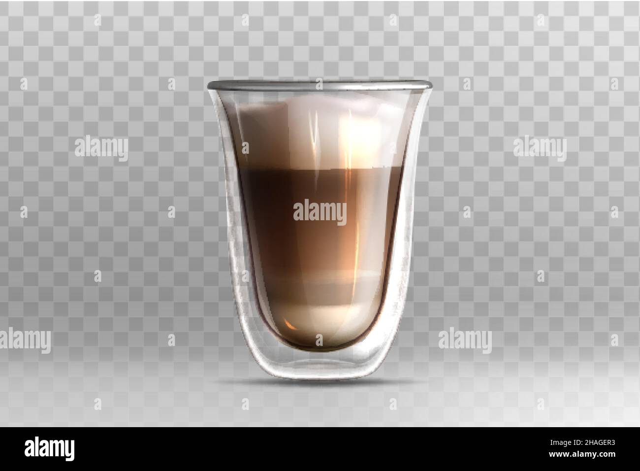Illustratin vectoriel réaliste de latte de café dans une tasse en verre avec double paroi sur fond transparent.Cappuccino avec mousse de lait sur le dessus.Modèle de maquette pour la marque ou la conception de produit. Illustration de Vecteur