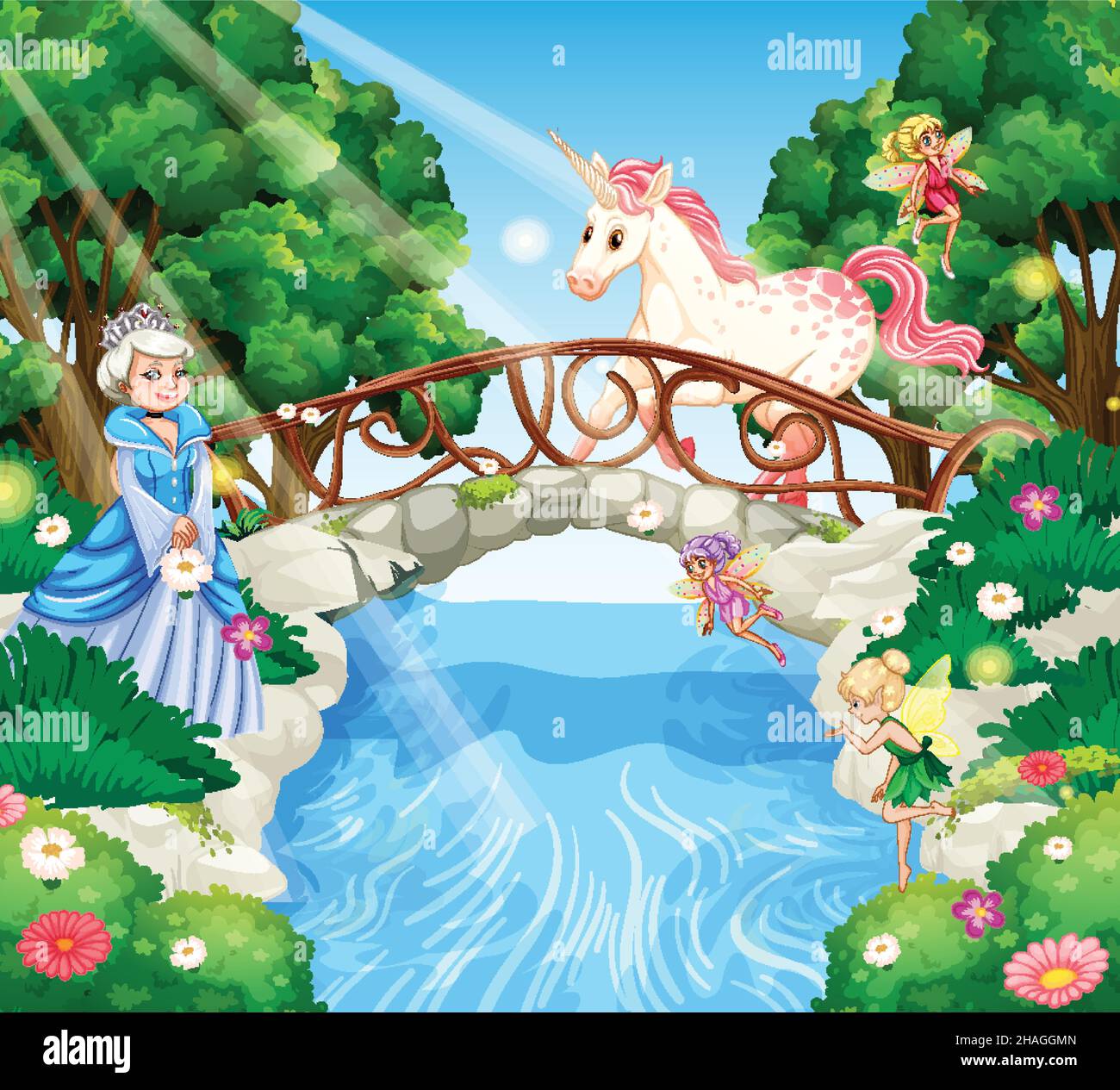 Scène de forêt enchantée avec illustration princesse et licorne Illustration de Vecteur