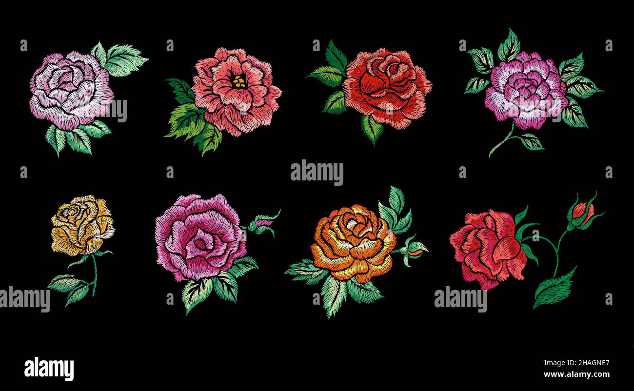 Roses brodées.Fleurs patchs, rose avec feuille brodée sur noir.Décorations vintage de mode, imprimé de style ethnique.Jardin à coutures en soie Illustration de Vecteur