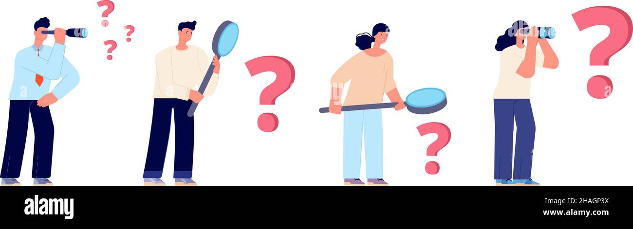 Les gens regardent un grand point d'interrogation.Trouver une solution, en regardant dans la loupe ou binoculaire.Jeu de vecteurs de caractères professionnels plats de dessin animé Illustration de Vecteur