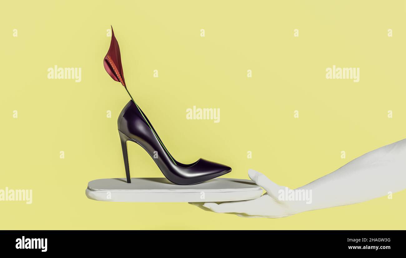 3d rendu de la main d'une femme tenant la chaussure à talons hauts d'une femme avec une fleur. Banque D'Images