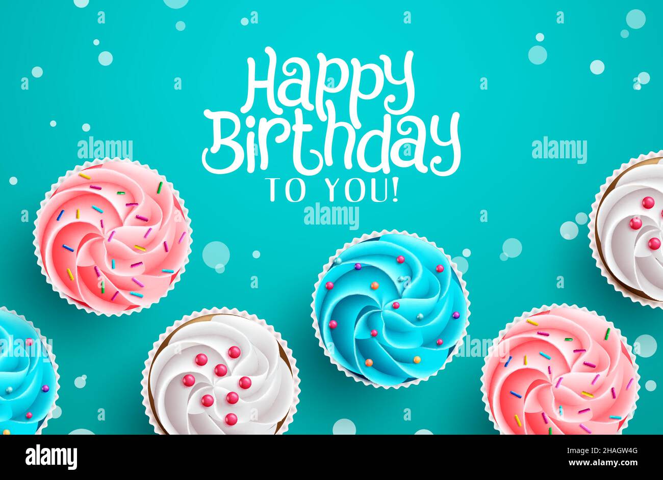 Motif d'arrière-plan vectoriel cupcakes d'anniversaire.Joyeux anniversaire à vous texte et 3D gâteaux de tasse réalistes avec des éléments de garniture de saupoudrer pour le jour de naissance. Illustration de Vecteur