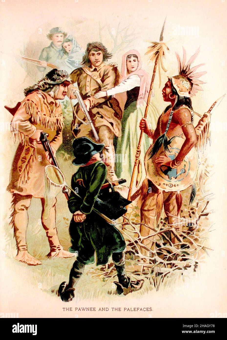 The Pawnee and the Paleface, tiré du livre « Historical Stories of American Pioneer Life » de James Fenimore Cooper; illustré par Michal Elwiro Andriolli et gravé par Edmund Evans publié en 1897 Banque D'Images