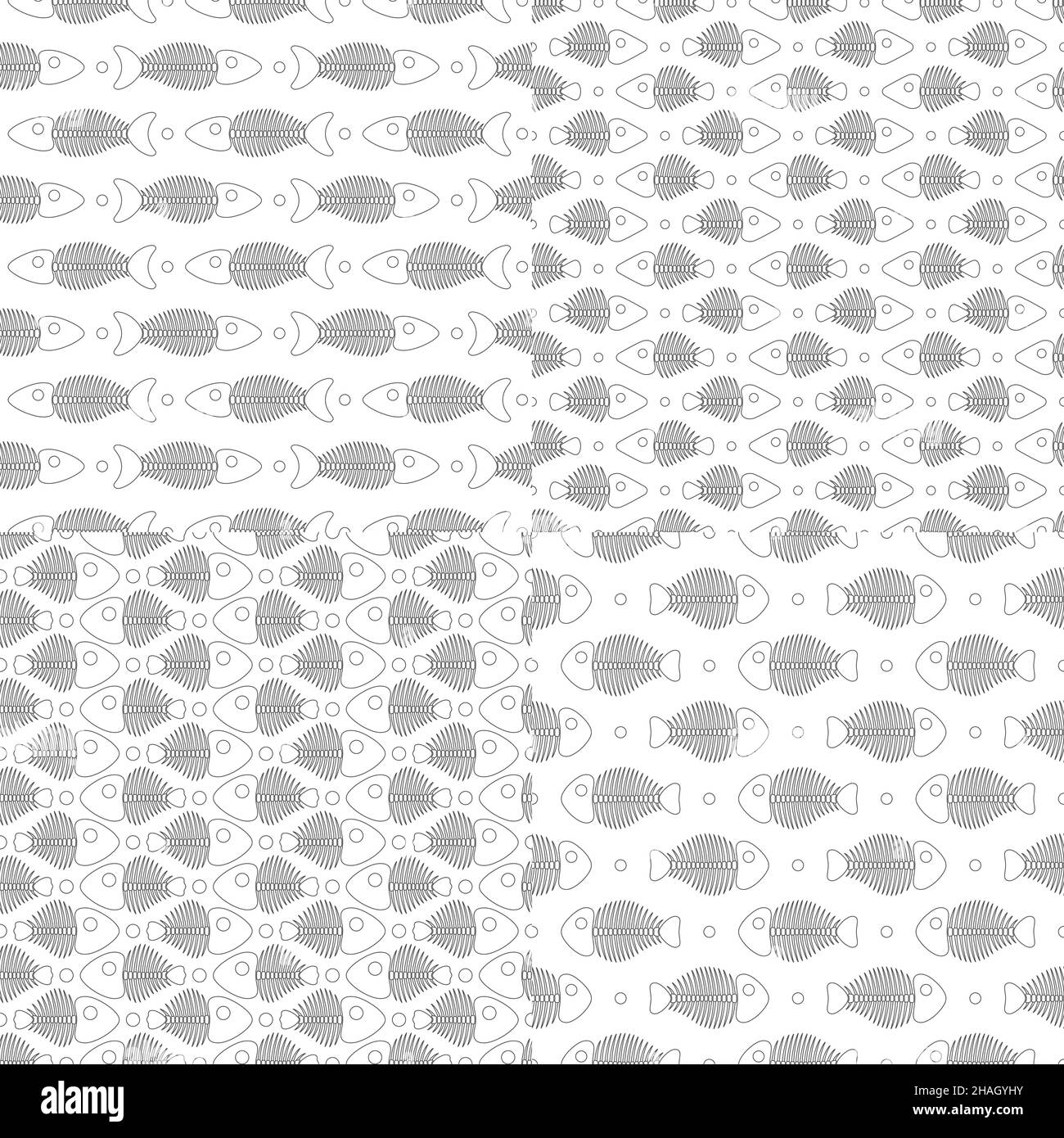 Ensemble de motifs vectoriels sans couture avec squelettes de poissons.Arrière-plans vectoriels noir et blanc. Illustration de Vecteur