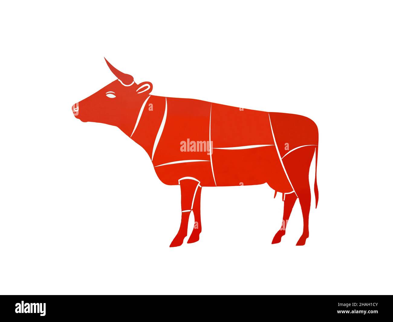 Illustration d'une figure de vache rouge pour la publicité de viande ou de lait, séparée par des parties du corps pour les inscriptions sur fond blanc. Banque D'Images