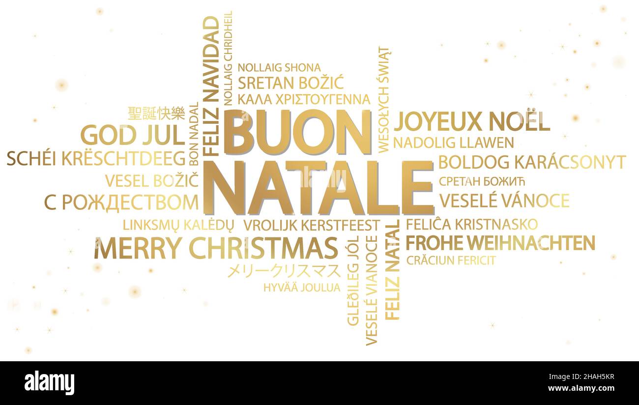 Nuage de mots avec texte Joyeux Noël en différentes langues, au milieu d'un immense et bold écrit en italien Illustration de Vecteur
