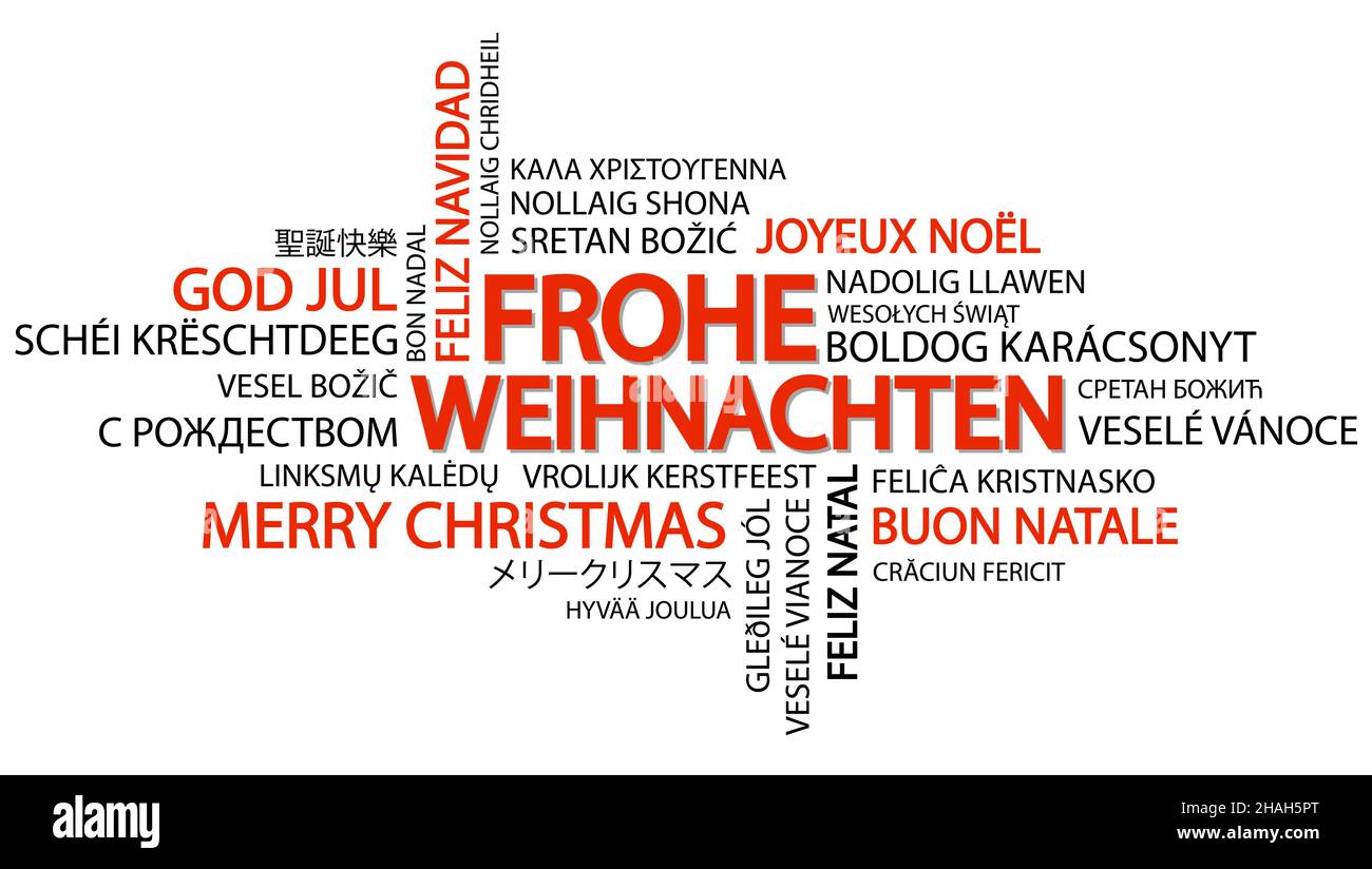 Nuage de mots avec texte Joyeux Noël dans différentes langues, au milieu un grand et gras écrit en allemand Illustration de Vecteur