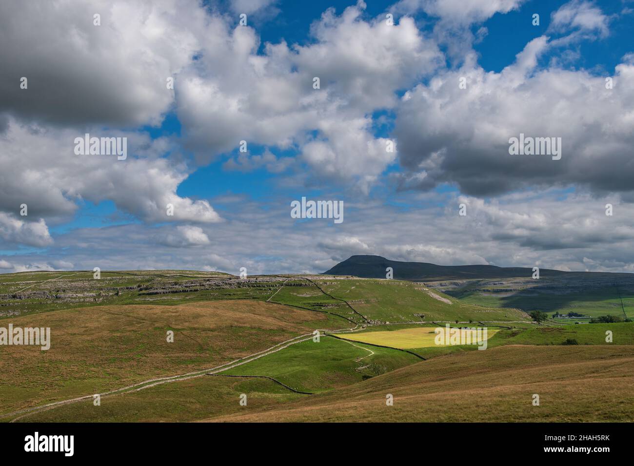 Ingleborough et Twisleton de l'autre côté du Yorkshire de la route de Kingsdale Banque D'Images