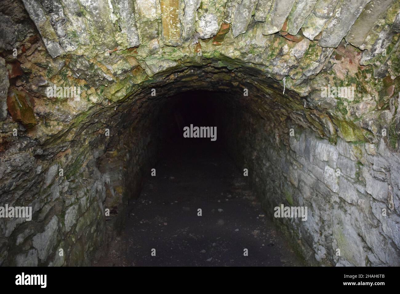 L'entrée du donjon étrange.Un couloir menant dans l'obscurité.Recouvert de pierre rugueuse.Seul le début de la trajectoire est allumé Banque D'Images