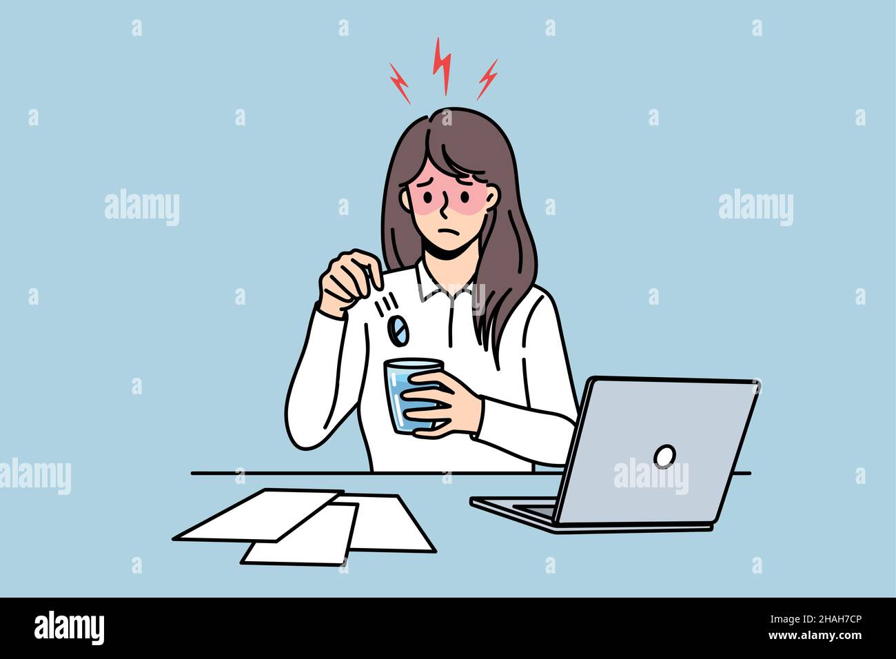 Avoir de la fièvre pendant le travail concept.Triste malade déprimé malade femme travailleur de bureau assis à l'ordinateur portable prenant des médicaments pour protéger contre la fièvre maladie illustration du vecteur Illustration de Vecteur