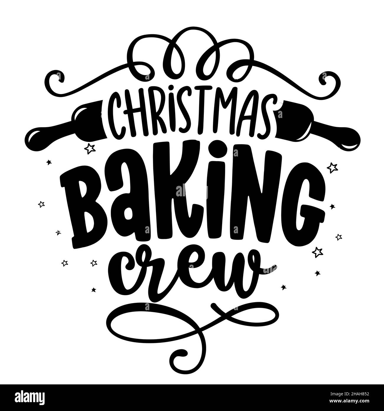 Christmas Baking Crew - illustration vectorielle dessinée à la main.Affiche de décoration murale noire avec fouet et rouleau.Bon pour, poster, carte de vœux, ba Illustration de Vecteur