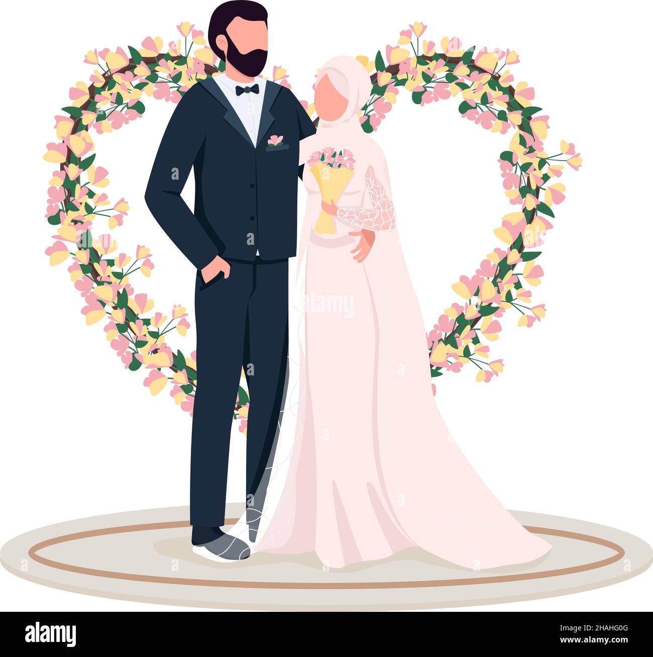 Couple marié à coeur fleur porte semi-plat couleur personnages vectoriels Illustration de Vecteur