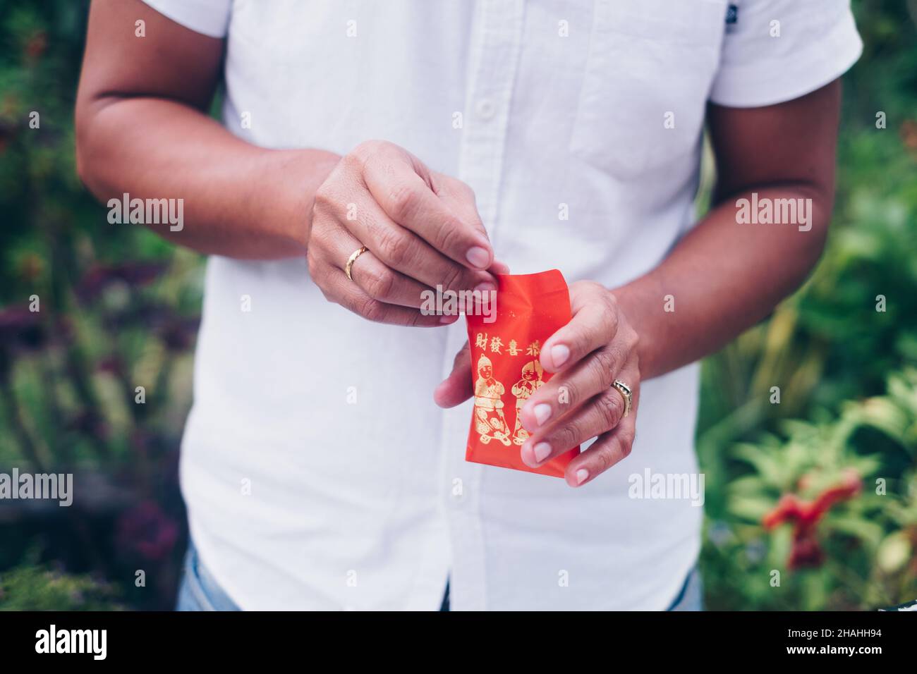 Les mains de l'homme ouvrant une enveloppe rouge ou un paquet rouge appelé Ang Pao ou Ang Pow, aussi Hongbao ou Hungbao en mandarin et Lai See en cantonais. Banque D'Images