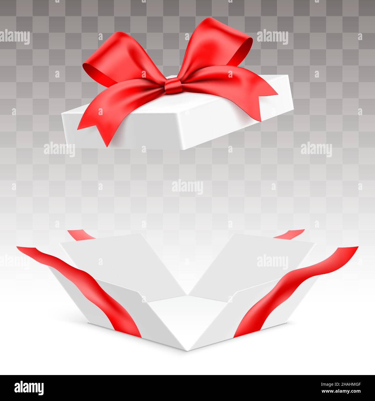 Boîte cadeau blanche ouverte avec ruban rouge, isolée sur fond transparent.Boîte  cadeau surprise avec espace vide, illustration vectorielle Image  Vectorielle Stock - Alamy
