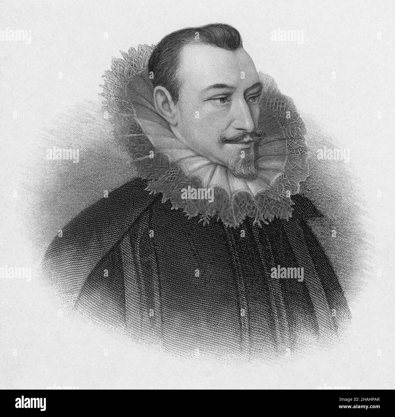 Gravure antique d'Edmund Spenser vers 1870 par Henry Bryan Hall (New York).Edmund Spenser (1553-1599) était un poète anglais plus connu pour la Feyrie Queene, un poème épique et une allégorie fantastique célébrant la dynastie Tudor et Elizabeth I. SOURCE: GRAVURE ORIGINALE Banque D'Images