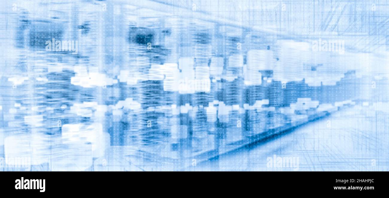 Serveur dans un centre de données avec des éléments technologiques de matrice et de résumé Banque D'Images