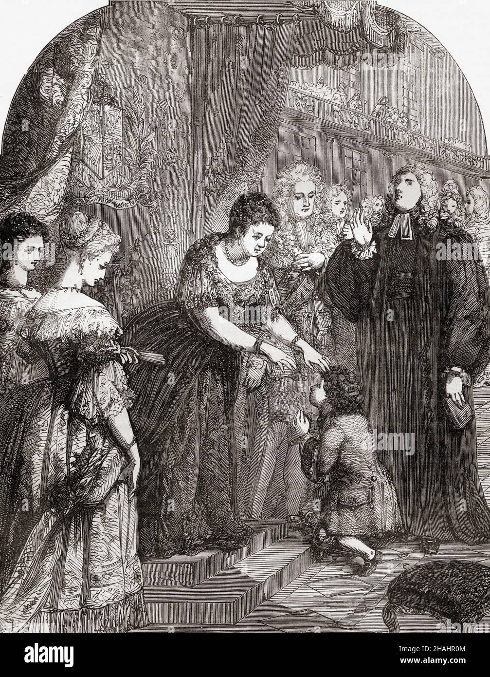 La reine Anne touchant le jeune Samuel Johnson pour le mal.Samuel Johnson a contracté le scrofula, également appelé le mal du roi parce qu'on croyait qu'il serait guéri s'il était touché par un monarque, et a reçu le 'toucher royal' ou 'toucher thaumaturgique' de la reine Anne en 1712.De Cassell's Illustrated History of England, publié vers 1890. Banque D'Images