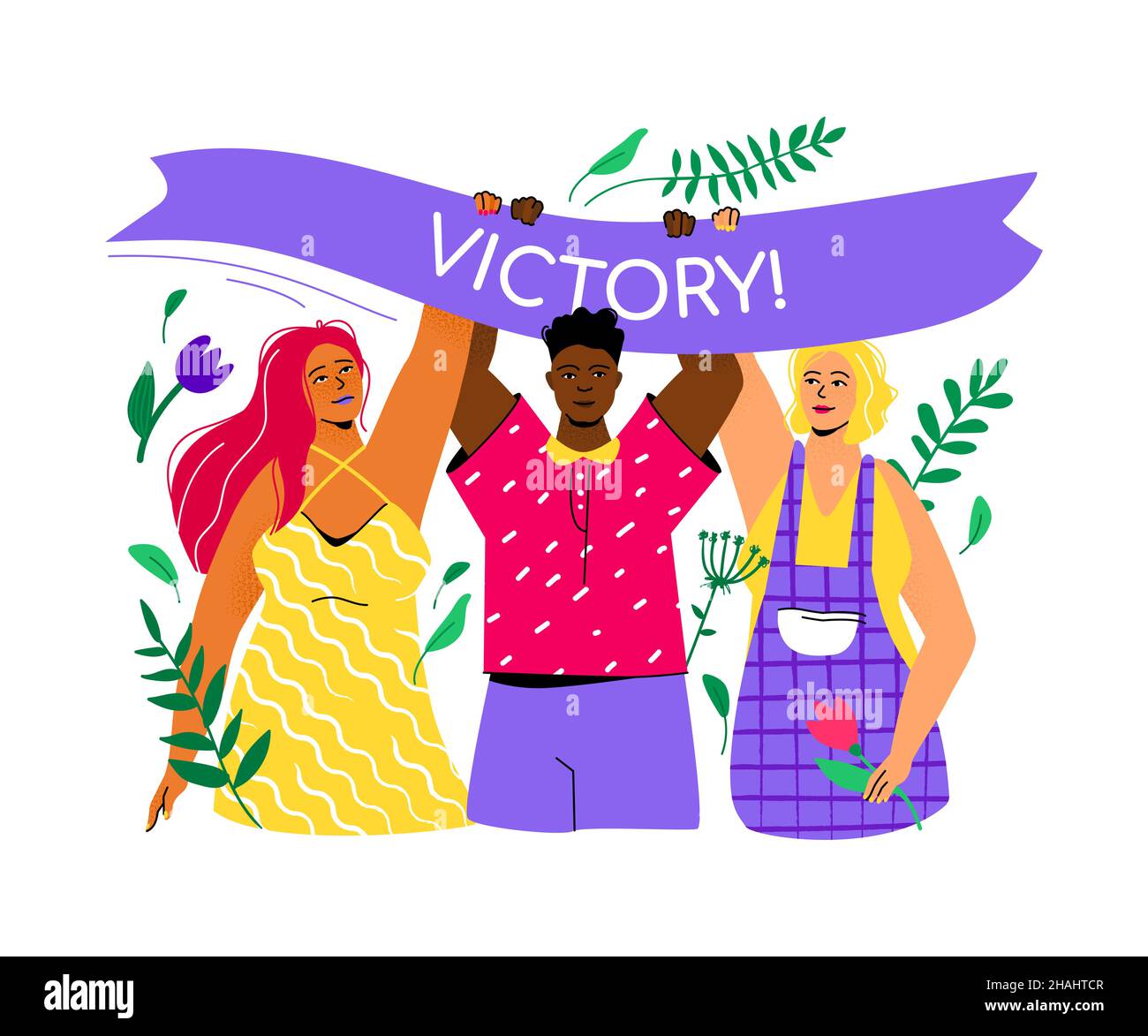 Victoire sur le virus - illustration de style plat coloré.Trio international - deux filles et un homme, portant une bannière pourpre signifiant le triomphe.Te Illustration de Vecteur