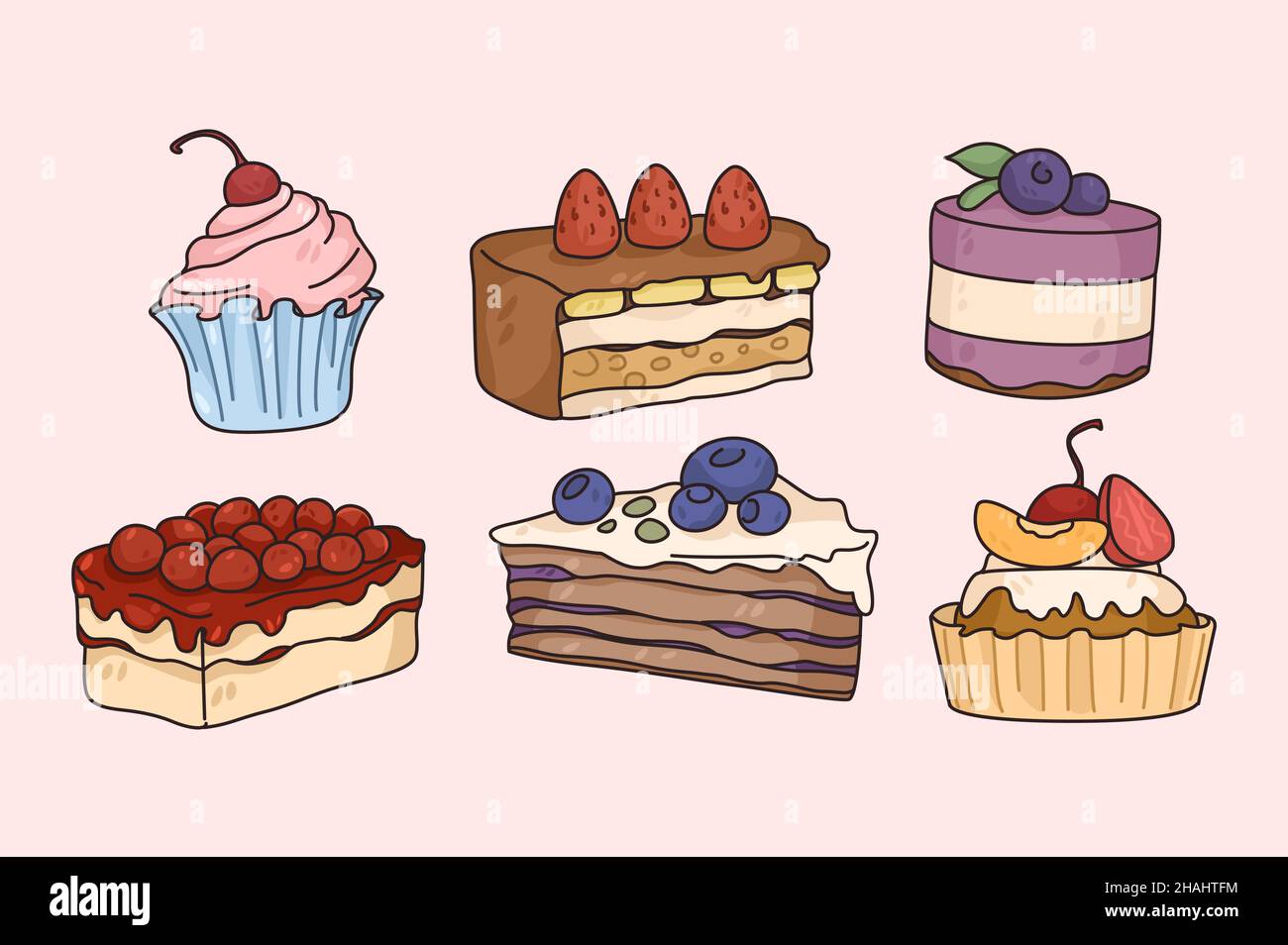Une collection de délicieux desserts sucrés aux fruits et à la garniture.Ensemble de délicieux gâteaux et pâtisseries.Menu de petits gâteaux et muffins pour le restaurant ou la boulangerie.Magasin de confiserie.Illustration vectorielle plate. Illustration de Vecteur