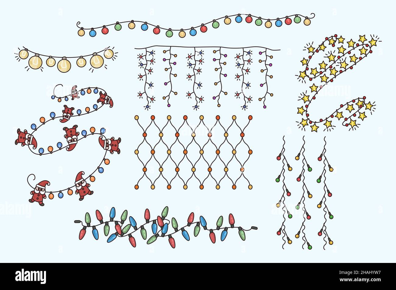 Collection colorée de différentes guirlandes lumineuses pour la décoration intérieure du nouvel an.Ensemble de guirlande lumineuse pour la maison de Noël ou le décor de sapin.Saison des vacances d'hiver.Illustration vectorielle plate. Illustration de Vecteur