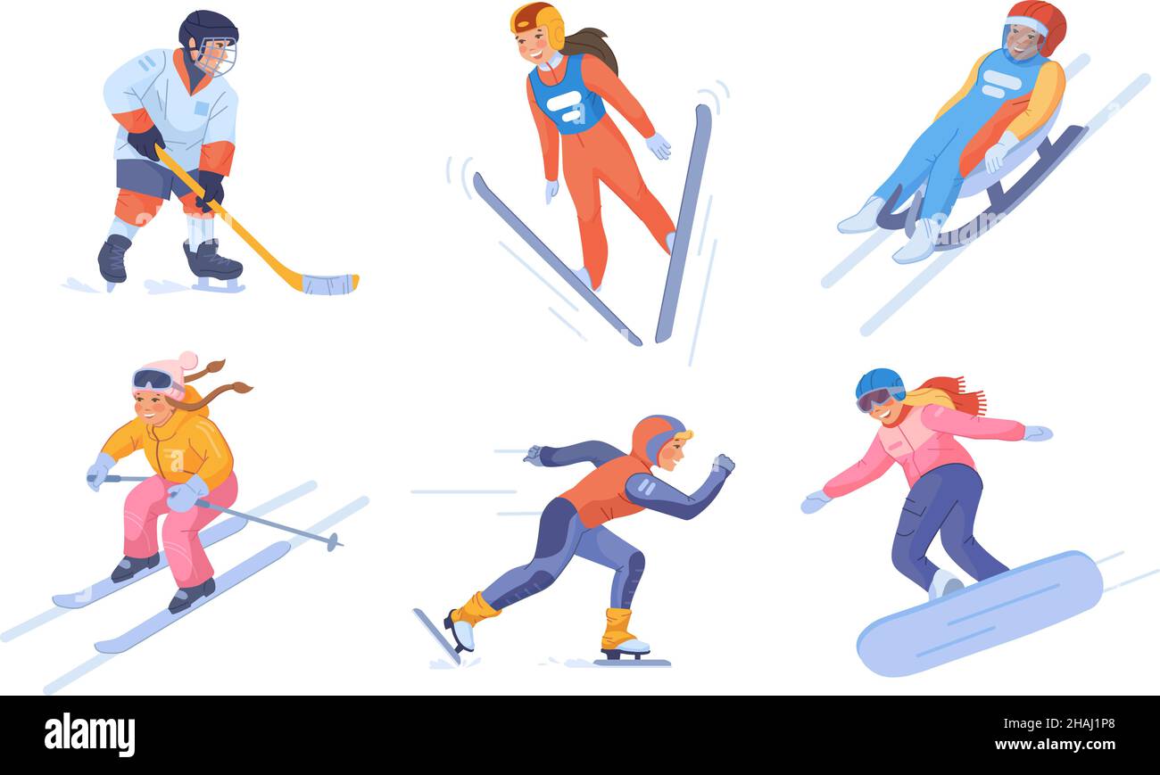 Sport d'hiver pour petit enfant.Dessin animé pour enfants sports de neige, ski patin à glace rang snowboard hockey sur luge, drôle de skieur, activités pour enfants, dessin animé à vecteur.Sports de neige Illustration de Vecteur