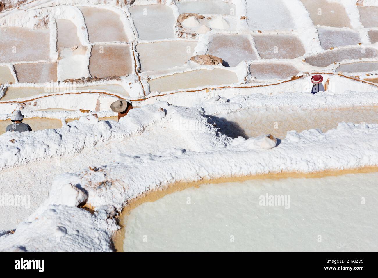 Salines à Salinas.Un ouvrier porte du sel le long des terrasses. Banque D'Images