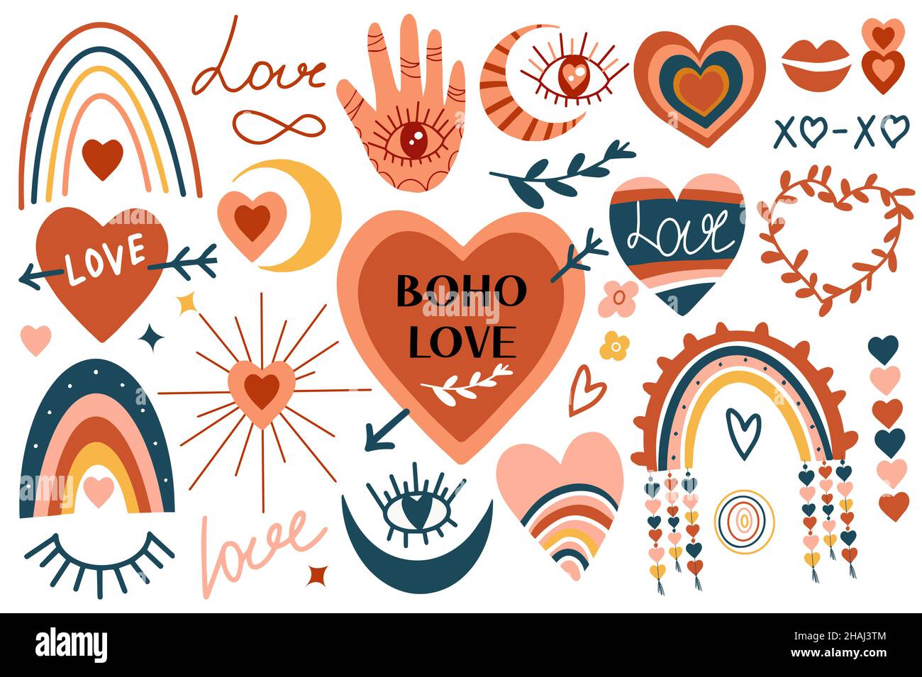 Ensemble d'amour de boho.Collection de coeurs abstraits, arc-en-ciel, tarot mystique folk de la Saint Valentin heureux.Illustration vectorielle clip art Illustration de Vecteur