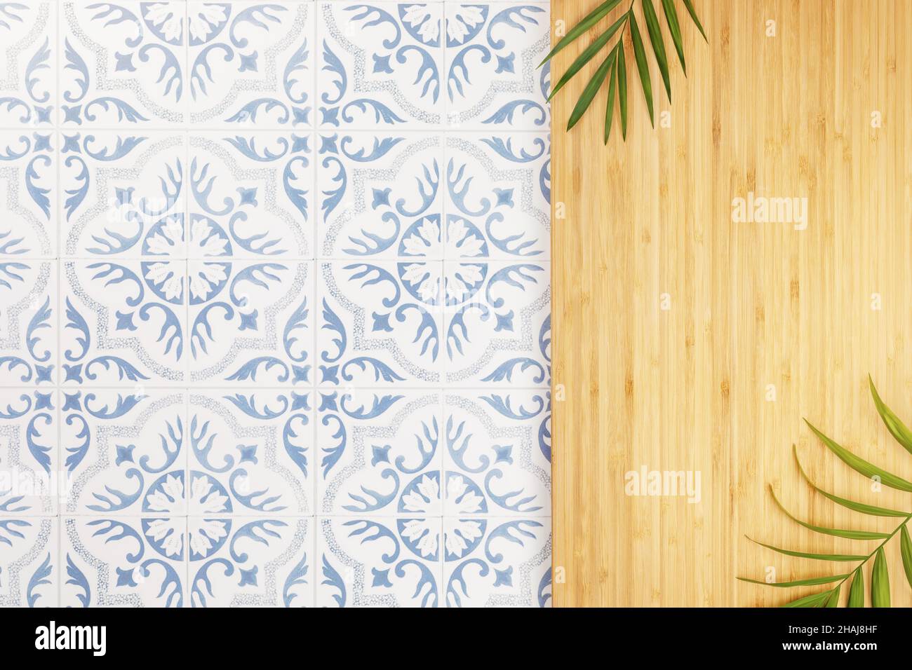 Arrière-plan de la cuisine.Table en céramique vide avec décoration et plateau de cuisine en bois avec feuilles de palmier, plat.Maquette pour affichage ou montage de prod Banque D'Images Arrière-plan de la cuisine.Table en céramique vide avec décoration et plateau de cuisine en bois avec feuilles de palmier, plat.Maquette pour affichage ou montage de prod Banque D'Images